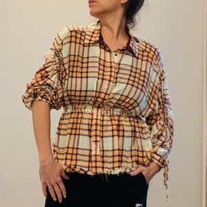 FREE PEOPLE - Brown Peach Plaid Button Up
